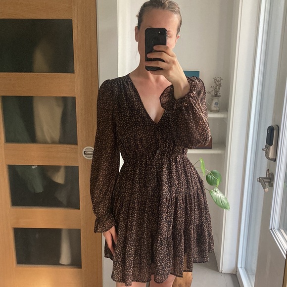 AAKAA brown and black floral chiffon boho dress, size medium - Picture 1 of 14